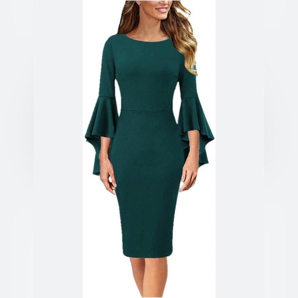 NWT Vfshow Bell Ruffle Sleeve Bodycon Midi Dress Dark Green Blue XS - Picture 1 of 11